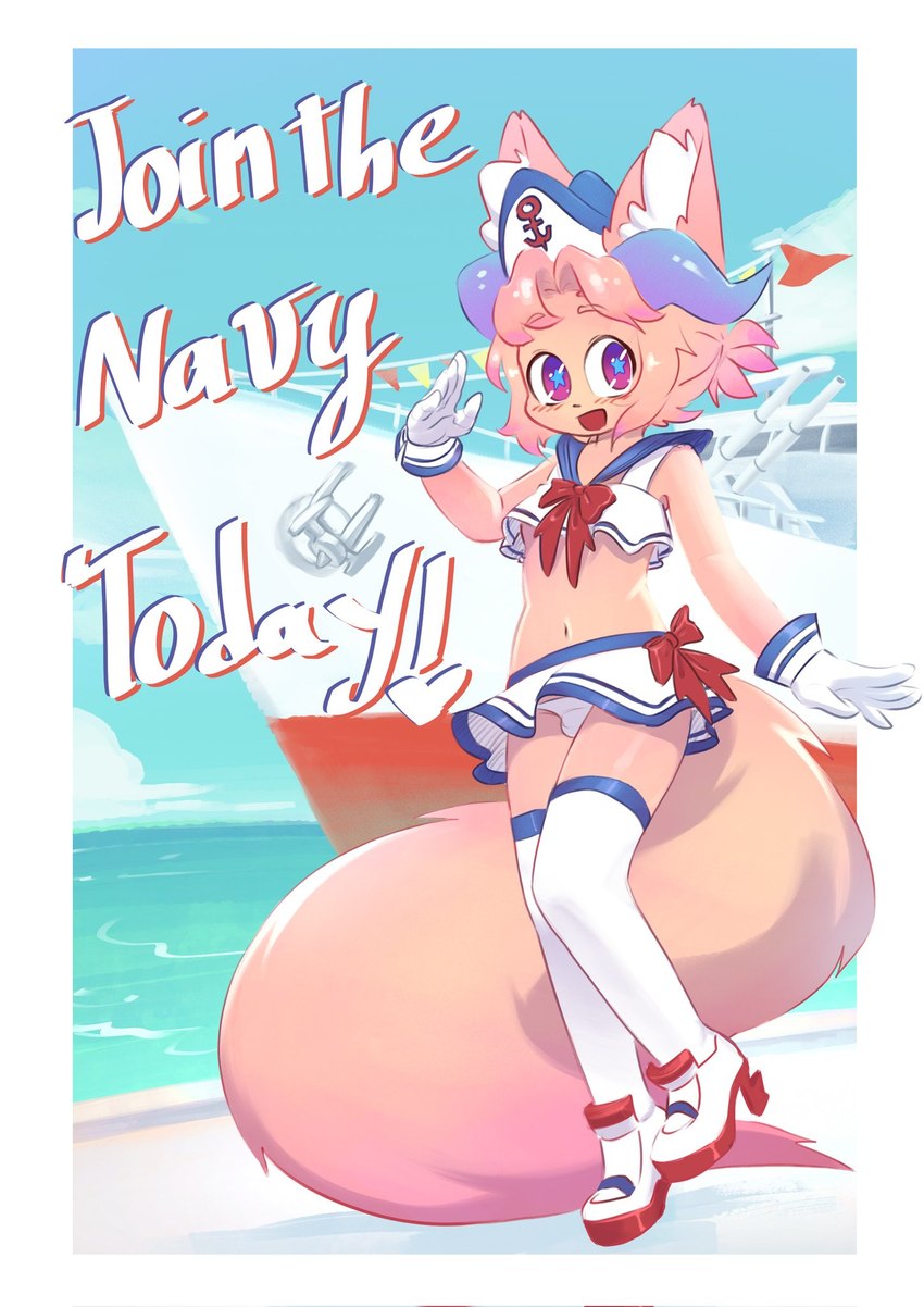 anthro big_tail blush bottomwear bow_ribbon bulge clothed clothing crossdressing femboy fluffy fluffy_tail footwear fur gesture gloves hair handwear horn inner_ear_fluff legwear male midriff miniskirt navel panties panty_shot pantyshot_(standing) pink_body pink_fur pink_skin poster purple_eyes recruitment_poster sailor_uniform salute sea ship shoes short_hair skirt smile smiling_at_viewer solo star_pupils tail text thigh_highs tuft underwear upskirt vehicle water watercraft white_clothing white_footwear white_gloves white_handwear white_legwear white_panties white_shoes white_thigh_highs white_underwear sparkydb elio_(maj2k2) canid canine canis mammal 2023 english_text hi_res