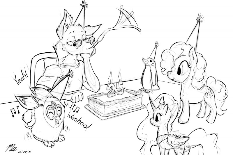 birthday group friendship_is_magic furby hasbro my_little_pony pinkie_pie_(mlp) princess_luna_(mlp) avian bird canid canine canis domestic_dog equid equine horse husky mammal nordic_sled_dog penguin pony spitz 3:2 hi_res monochrome sketch