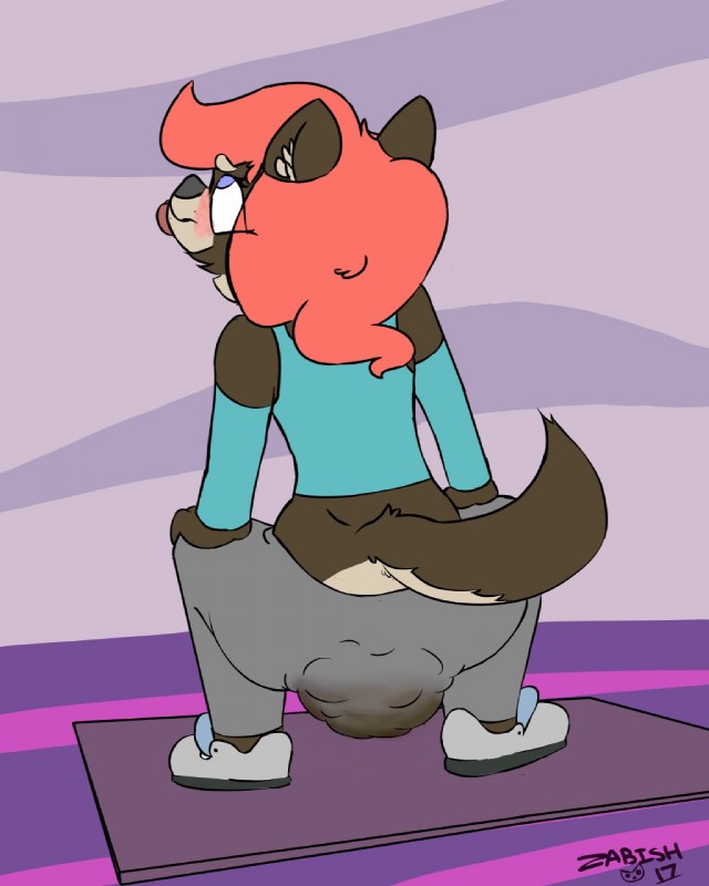 anthro biped bottomwear clothed clothing crouching feces fully_clothed fur hair male pants pooping scatplay shirt simple_background soiling soiling_bottomwear soiling_pants solo topwear yoga_pants zadirtybish zabi_(zabish) canid canine canis mammal wolf 4:5 hi_res signature