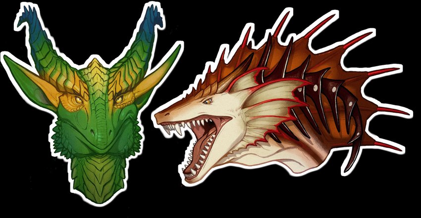 ambiguous_gender black_background blue_horn cheek_frill ear_frill fangs frill_(anatomy) front_view green_body green_horn green_scales head_crest head_frill horn mouth_closed multicolored_horn neck_frill open_mouth orange_body orange_eyes orange_frill orange_horn scales side_view simple_background solo tan_body tan_frill teeth yellow_eyes yellow_horn khyaber mythology dragon mythological_creature mythological_scalie scalie hi_res multiple_images