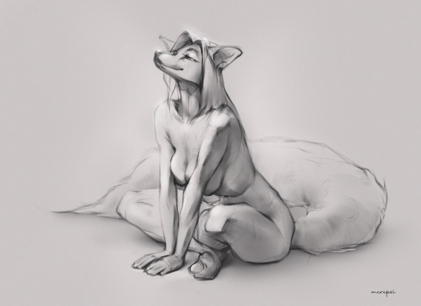 anthro breasts feet female fingers hair hanging_breasts humanoid_feet humanoid_hands looking_away looking_up nude plantigrade shadow simple_background sitting snout solo toes white_background mcrepsi canid canine fox mammal 2022 artist_name digital_media_(artwork) monochrome signature sketch