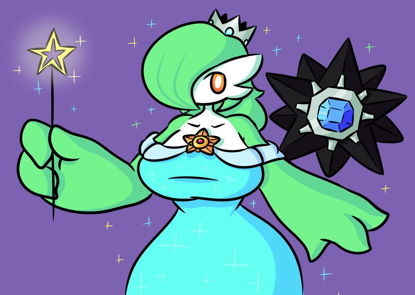 ambiguous_gender big_breasts black_body blue_clothing blue_dress breasts clothed clothing cosplay crown dress duo female gem_eyes green_body green_hair hair headgear holding_object holding_wand magic_wand orange_eyes purple_background simple_background small_waist sparkles star wand white_body wide_hips sleepyslut mario_bros nintendo pokemon super_mario_galaxy rosalina_(mario) gardevoir generation_1_pokemon generation_3_pokemon humanoid pokemon_(species) starmie staryu absurd_res hi_res