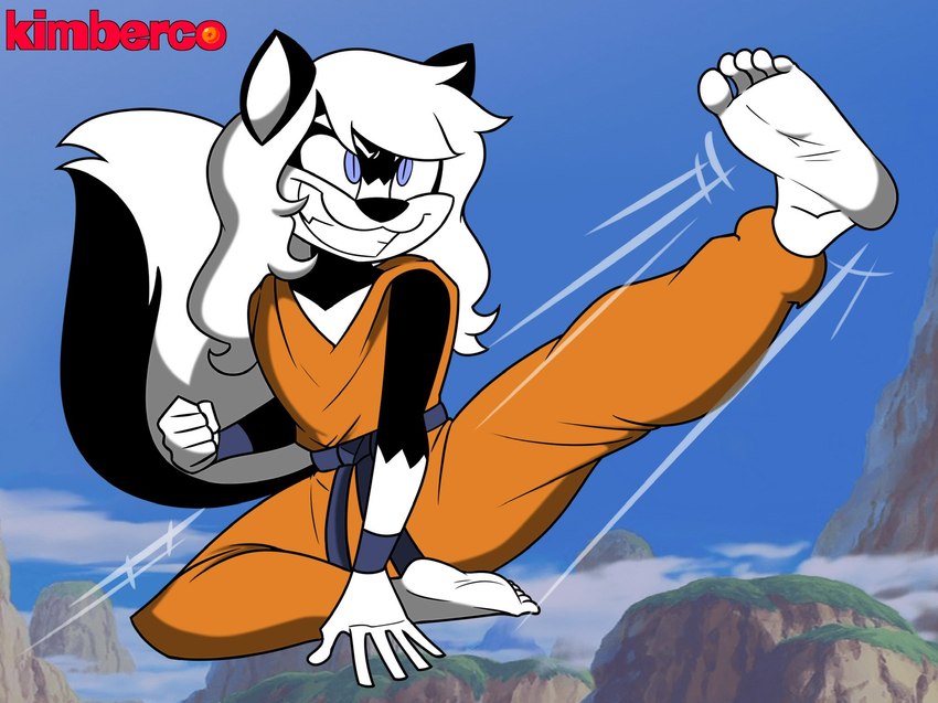 5_fingers 5_toes anthro barefoot biped black_body black_fur black_nose blue_eyes clothed clothed_anthro clothed_male clothing day eyebrows feet fingers fist fluffy fluffy_tail fur fur_markings gloves_(marking) hair humanoid_feet humanoid_hands kick long_hair male markings martial_arts_uniform midair motion_lines multicolored_body multicolored_fur orange_clothing outside plantigrade skunk_tail sky smile soles solo sportswear tail teeth text toes two_tone_body two_tone_fur white_body white_eyebrows white_fur white_hair white_inner_ear kimberco dragon_ball solomon_(kimberco) mammal mephitid skunk 2022 artist_name hi_res