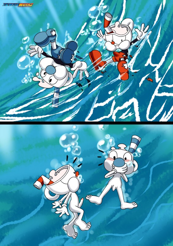 asphyxiation bubble clothed clothing drowning duo erection erection_under_clothing for_a_head genitals holding_breath male not_furry nude penis puffed_cheeks underwater water ichduhernz cuphead_(game) cuphead_(character) mugman animate_inanimate humanoid object_head absurd_res hi_res brother_(lore) sibling_(lore)