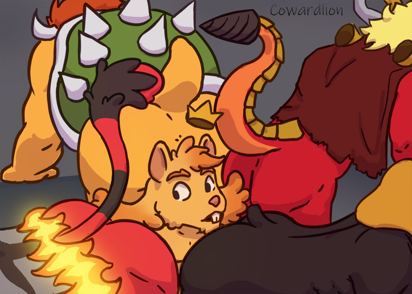 anthro between_butts butt butt_focus crown group headgear male male/male simple_background surrounded cowardlion bushiroad future_card_buddyfight mario_bros nintendo pokemon bowser drum_bunker_dragon ignacio_(cowardlion) generation_7_pokemon incineroar koopa mammal murid murine pokemon_(species) rat rodent scalie crossover