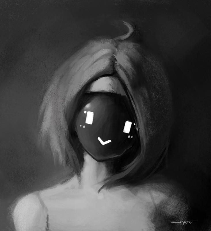 :> ahoge female front_view hair looking_at_viewer machine noseless not_furry nude screen screen_face short_hair smile solo vertical_bar_eyes psyk323 fiona_(psyk) humanoid robot robot_humanoid bust_portrait greyscale hi_res monochrome portrait