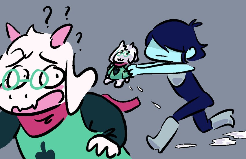 ambiguous_gender anthro beating blue_body blue_hair blue_skin duo eyewear floppy_ears fur glasses hair hitting humor male merchandise milk plushie white_body white_fur anonymous_artist deltarune undertale_(series) kris_(deltarune) ralsei bovid caprine darkner goat human mammal