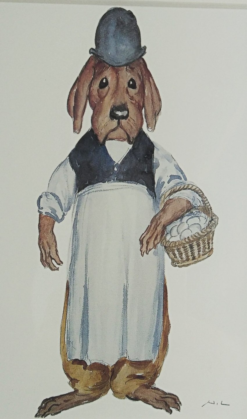 anthro apron basket black_clothing black_eyes bottomwear bowler_hat brown_body brown_fur clothing container egg floppy_ears fur grey_clothing grey_hat grey_headwear hat headgear headwear looking_at_viewer male pants solo standing white_apron white_clothing wicker_basket norman_lindsay the_magic_pudding canid canine canis domestic_dog mammal hi_res painting_(artwork) traditional_media_(artwork) traditional_painting_(artwork) traditional_watercolor_(artwork) watercolor_(artwork)