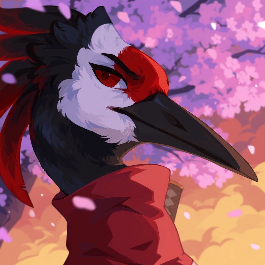 ambiguous_form ambiguous_gender beak black_body black_feathers cherry_blossom feathers flower glistening glistening_eyes head_feathers looking_at_viewer markings mouth_closed plant prunus_(flower) red_body red_eyes red_feathers red_markings solo white_markings corzh77 raiden_(baggotry) avian 1:1 headshot_portrait hi_res icon portrait