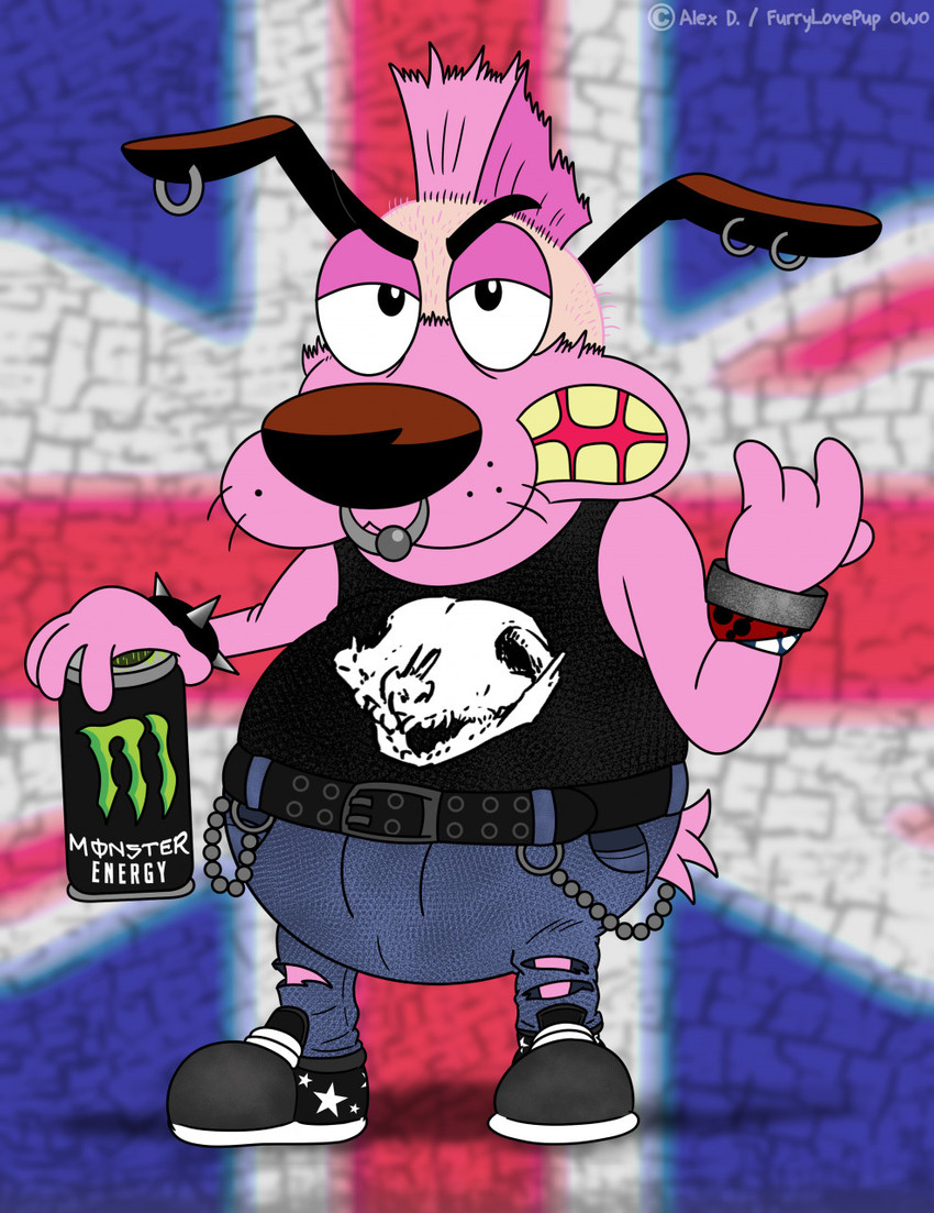 alternative_fashion angry anthro bracelet clothed clothing ear_piercing ear_ring facial_piercing fan_mohawk footwear fur gesture haircut hand_gesture jewelry male mohawk nose_piercing nose_ring piercing pink_body pink_fur punk ring_piercing septum_piercing shoes solo teeth torn_clothing union_jack v_sign yellow_teeth furrylovepup_v2 cartoon_network courage_the_cowardly_dog monster_energy courage_the_cowardly_dog_(character) beagle canid canine canis domestic_dog hunting_dog mammal scent_hound crossover hi_res