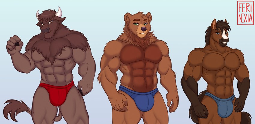 abs anthro brick_(grizzlygus) bulge clothing dallas_walker_(grizzlygus) group horn male muscular muscular_male pecs speedo swimwear ted"atlas"grizzby_(grizzlygus) trio ferinexia atlas_bear bear bison bovid bovine brown_bear equid equine horse mammal ursine hi_res