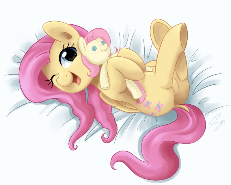 bed blue_eyes cutie_mark doll feathered_wings feathers female feral furniture hair long_hair looking_at_viewer lying one_eye_closed open_mouth pink_hair plushie smile solo toy wings wink yellow_body yellow_feathers steffy-beff friendship_is_magic hasbro my_little_pony mythology fluttershy_(mlp) equid equine mammal mythological_creature mythological_equine pegasus 2013 5:4 absurd_res hi_res