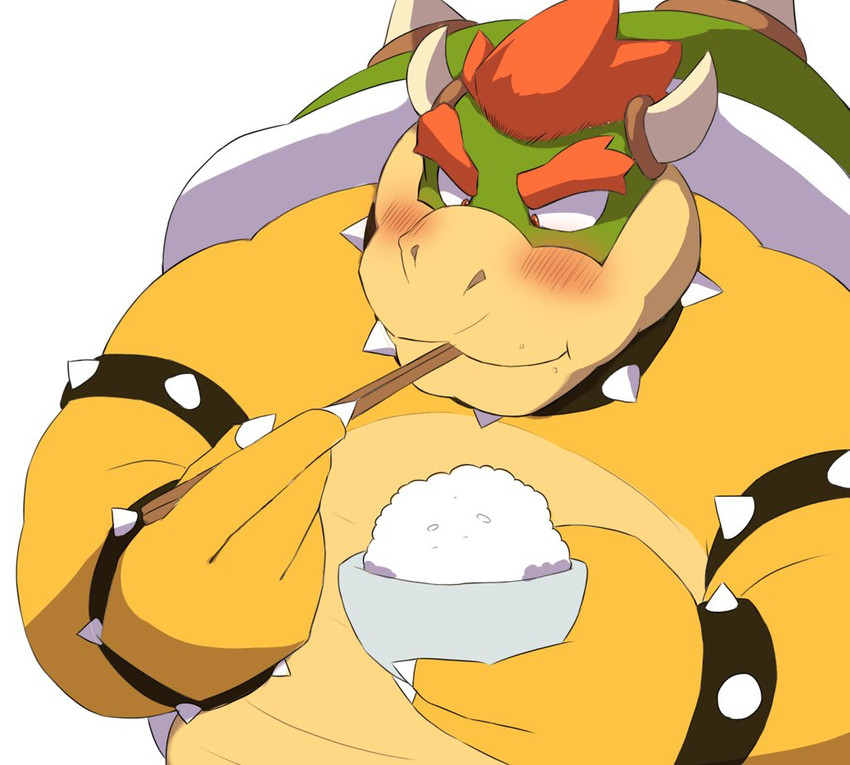 2_horns anthro belly blush food horn humanoid_hands kemono male overweight overweight_anthro overweight_male simple_background solo white_background yoshizaurusu_n mario_bros nintendo bowser koopa scalie 2020