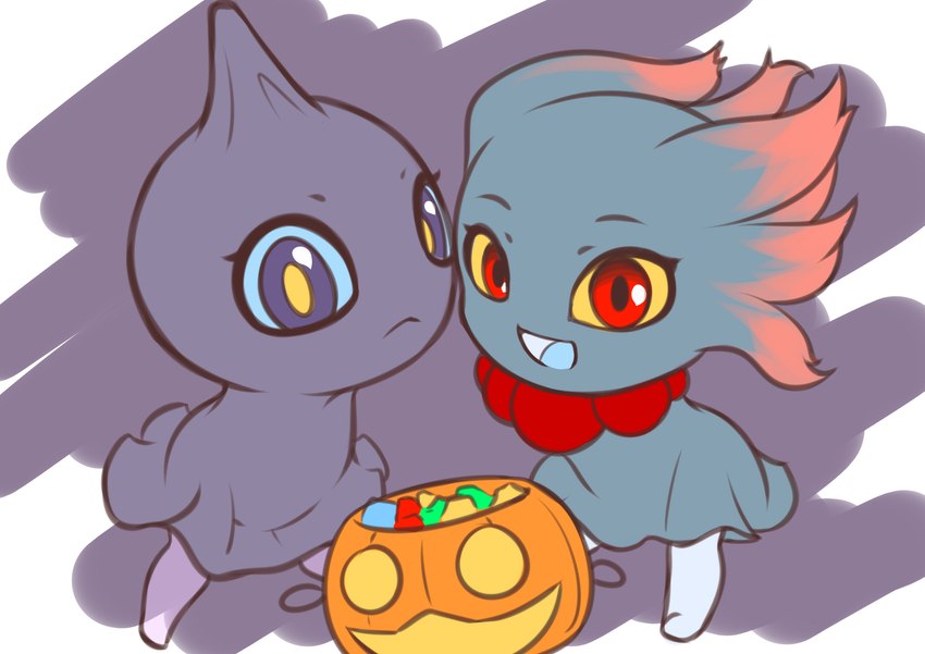 anthro duo female holidays jack-o'-lantern trick-or-treating young young_female darlondemonic halloween nintendo pokemon generation_2_pokemon generation_3_pokemon ghost humanoid misdreavus pokemon_(species) shuppet spirit absurd_res hi_res