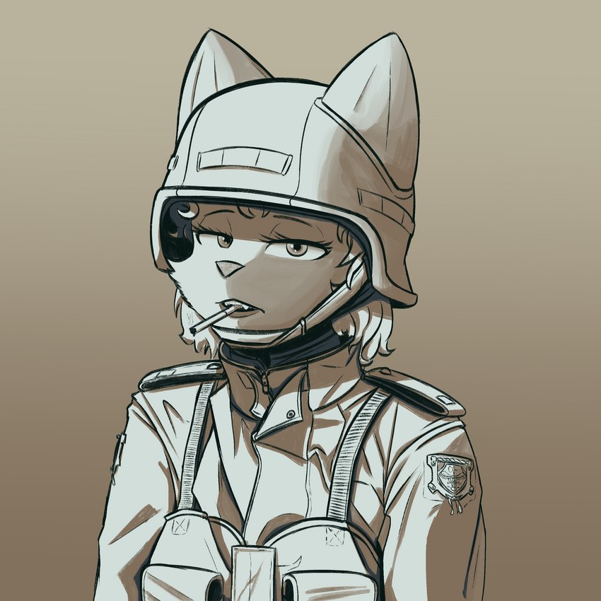 anthro armor cigarette clothed clothing female fur furgonomic_headwear furgonomics hair headgear headwear helmet looking_at_viewer military military_uniform open_mouth simple_background smoking solo topwear uniform callmewritefag cyberconnect2 fuga:_melodies_of_steel little_tail_bronx cannelle_muscat domestic_cat felid feline felineko felis mammal 1:1 2023 absurd_res digital_drawing_(artwork) digital_media_(artwork) hi_res monochrome