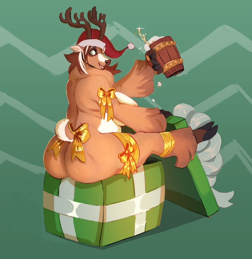 accessory alcohol anthro antlers areola beer beer_mug beverage big_breasts big_butt bow_ribbon box breasts brown_body brown_fur brown_hair butt christmas_clothing christmas_headwear clothing container cup female fur furgonomics gift gift_box hair happy hat headgear headwear holding_object holidays hooves horn long_hair looking_back mostly_nude multicolored_body overweight overweight_female presenting presenting_hindquarters rear_view ribbons santa_hat simple_background sitting slightly_chubby slightly_chubby_female solo tail tail_accessory tail_bow tail_ribbon thick_thighs two_tone_body twistedteeth christmas deer mammal 2024 hi_res