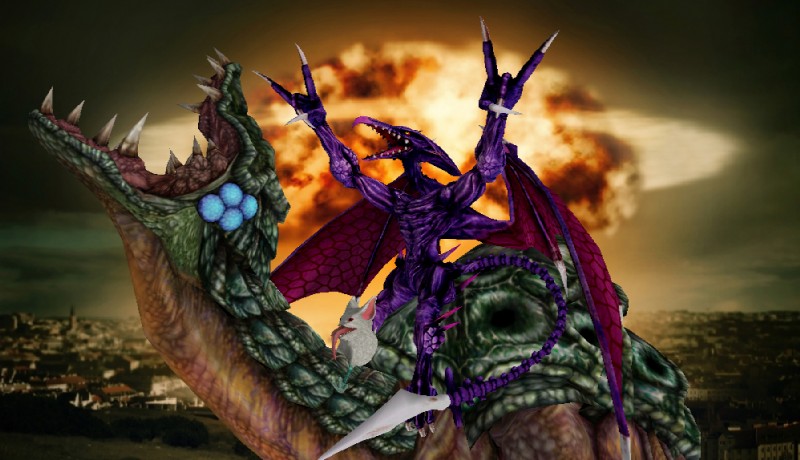 ambiguous_gender cool_guys_don't_look_at_explosions duo explosion fur green_body green_scales green_skin hand_sign male membrane_(anatomy) membranous_wings photo_background purple_body purple_scales purple_skin riding scales size_difference straddling tail teeth tongue tongue_out what_has_science_done white_body white_fur white_scales wings bagansmashbros metroid mythology nintendo ridley alien dragon little_birdie_(metroid) metroid_(species) metroid_queen mythological_creature mythological_scalie scalie space_dragon_(metroid) unknown_species 2014 3d_(artwork) digital_media_(artwork) photography_(artwork)