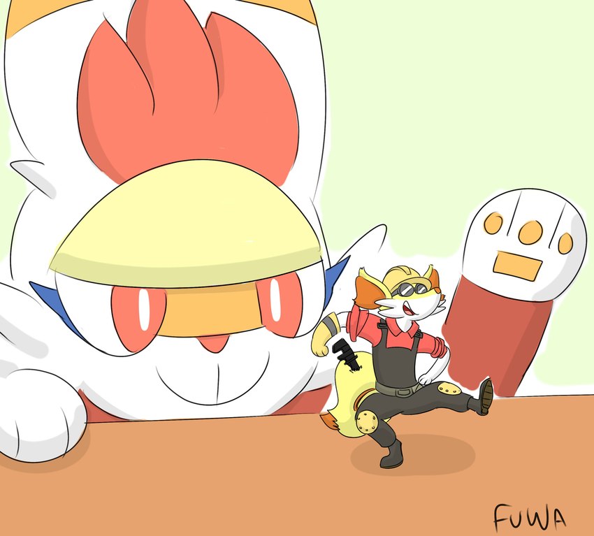 anthro clothing duo fur male object_in_tail plantigrade red_body red_eyes red_fur simple_background tail_storage tools white_body white_fur wrench yellow_body yellow_fur mr_fuwa nintendo pokemon team_fortress_2 valve engineer_(team_fortress_2) fuwa tiny_desk_engineer braixen cinderace generation_6_pokemon generation_8_pokemon pokemon_(species) raboot scorbunny absurd_res colored digital_media_(artwork) hi_res meme