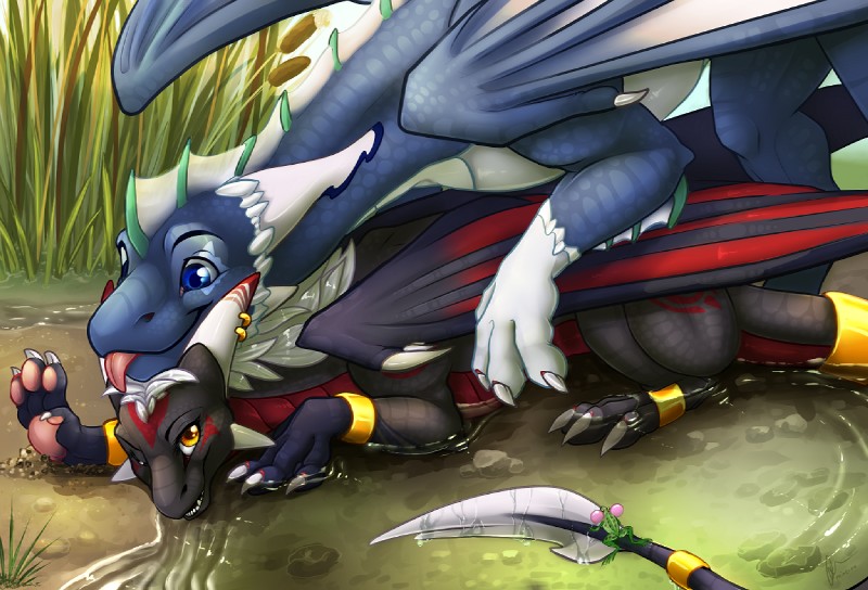 blue_eyes claws day detailed_background duo feral horn membrane_(anatomy) membranous_wings on_top outside restrained smile straddling tail water wings yellow_eyes minerea european_mythology mythology minerea_(pinkdragonlove) videri dragon mythological_creature mythological_scalie scalie western_dragon digital_media_(artwork)