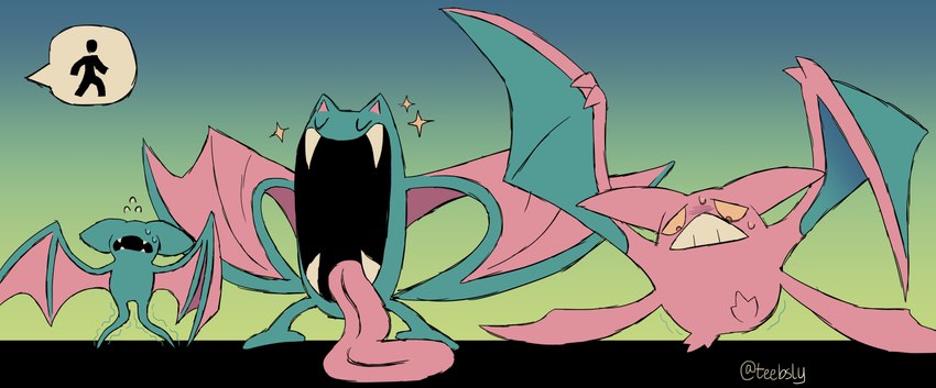 ambiguous_gender evolutionary_family eyeless fangs feral group long_tongue membrane_(anatomy) membranous_wings teeth tongue trio wings teebsly nintendo pokemon crobat generation_1_pokemon generation_2_pokemon golbat pokemon_(species) zubat