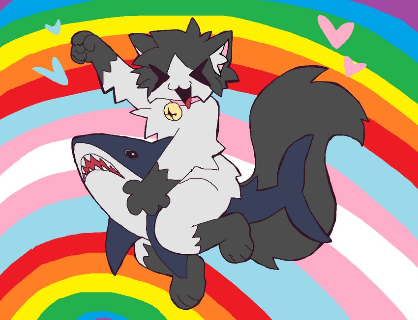 anthro bell bell_collar big_tail black_body black_fur collar eyes_closed feet fist_pump fur hair heart_symbol lgbt_pride male nude open_mouth pride_color_background pride_colors rainbow rainbow_pride_colors simple_background six-stripe_rainbow_pride_colors smile solo tail tongue transgender_pride_colors white_body white_fur x3 gaypassionfruit ikea blahaj eli_(elisttm) domestic_cat felid feline felis mammal 2023 colored digital_drawing_(artwork) digital_media_(artwork) hi_res