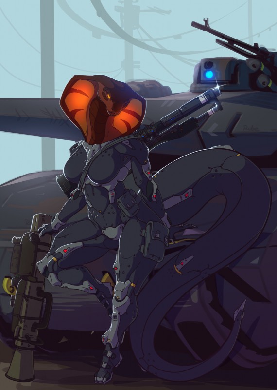 anthro armor bodysuit clothing female gun looking_at_viewer machine nanosuit power_armor ranged_weapon rifle skinsuit solo standing tank thick_thighs tight_clothing vehicle weapon wide_hips rube silel cobra reptile scalie snake digital_media_(artwork) hi_res shaded