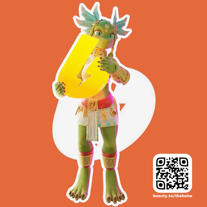 anklet anthro barefoot bottomwear bracelet breasts claws clothed clothing collar feet female gameplay_mechanics gold_(metal) gold_bracelet gold_collar gold_jewelry green_body green_eyes green_scales hair head_feathers holding_object jewelry looking_at_viewer metal_collar orange_background outline pelvic_curtain qr_code sash scales simple_background skirt smile solo standing tail text topwear white_outline pir boosty the_heart_of_the_world berenice canid mammal scalie 1:1 3d_(artwork) digital_media_(artwork) full-length_portrait hi_res portrait url