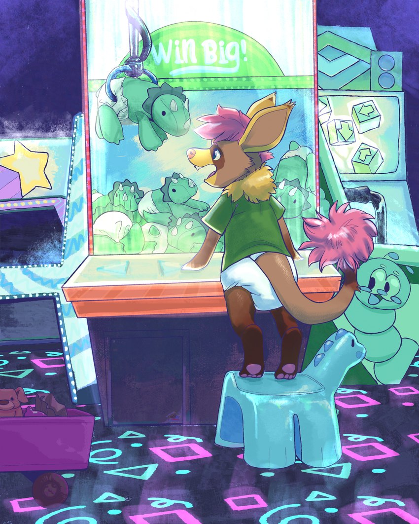 anthro arcade arcade_machine brown_body brown_fur clean_diaper clothed clothing detailed_background diaper fur male open_mouth pantsless plushie shirt solo standing toddler topwear toy wearing_diaper yellow_body yellow_fur young young_anthro young_male pawgyle hi_res