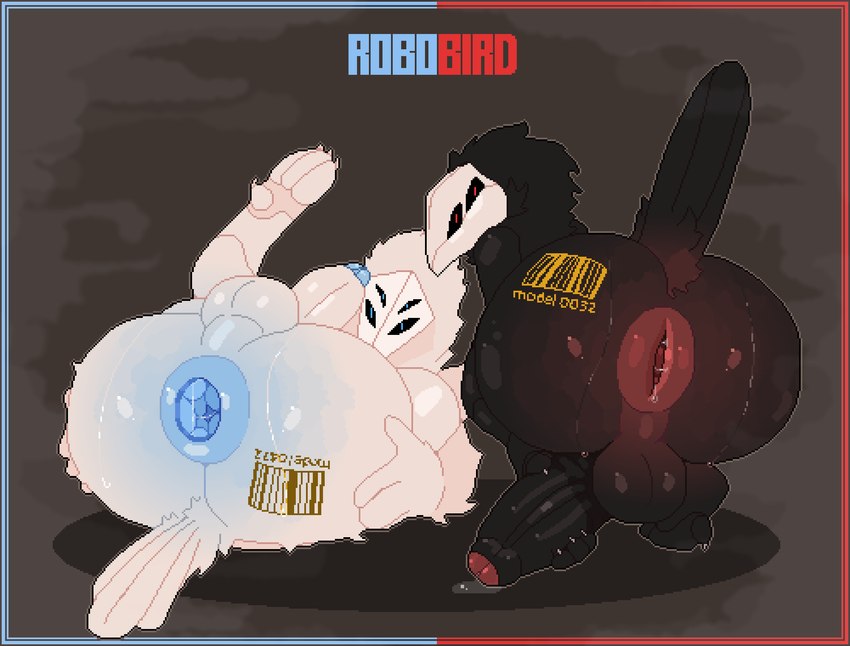 anus balls barcode big_butt black_body black_feathers bodily_fluids butt duo feathers genital_fluids genitals machine male nude penis robobird simple_background tail white_body white_feathers mertvykhcrows animatronic avian robot hi_res