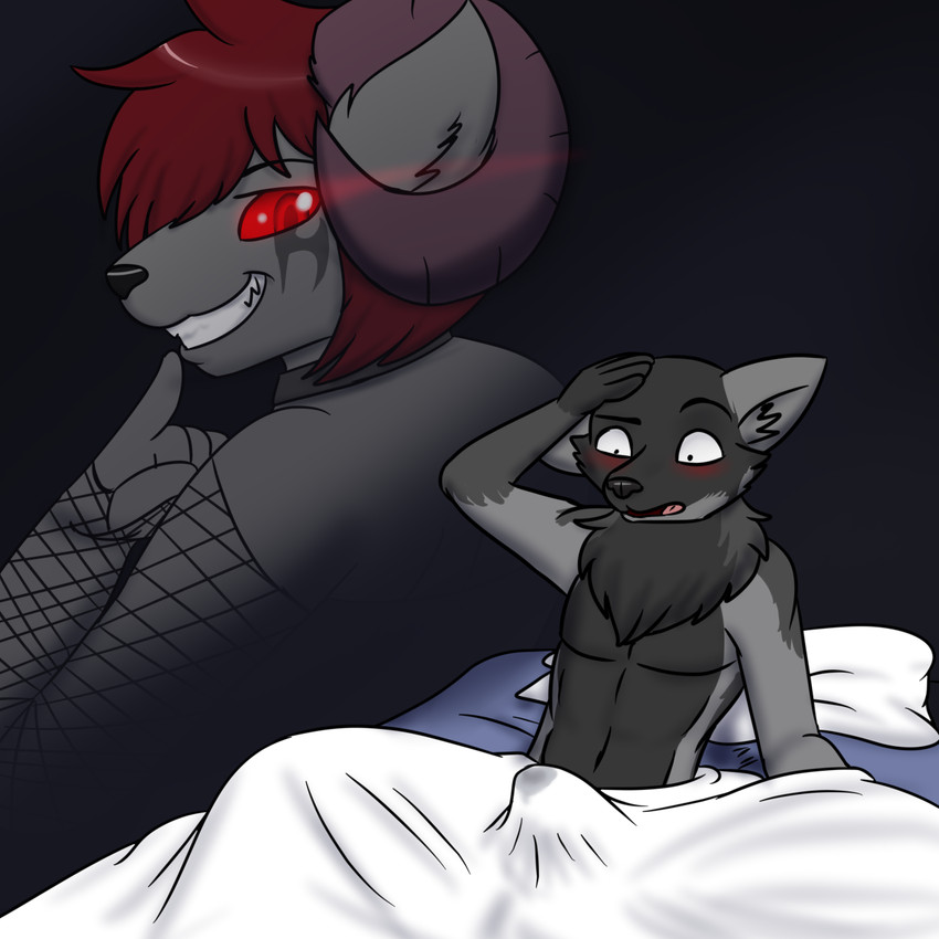 anthro bed bed_sheet bedding blush bodily_fluids bulge clothing collar cum detailed_bulge duo eyebrows female fishnet_clothing fluffy_ears furniture genital_fluids genital_outline glowing glowing_eyes hair horn male neck_tuft nude penis_outline raised_eyebrow red_eyes red_hair simple_background smile smirk tenting tuft derrysome dusk_sharpclaw ira_aetheria canid canine canis demon domestic_cat felid feline felis mammal wolf 1:1 hi_res story story_in_description