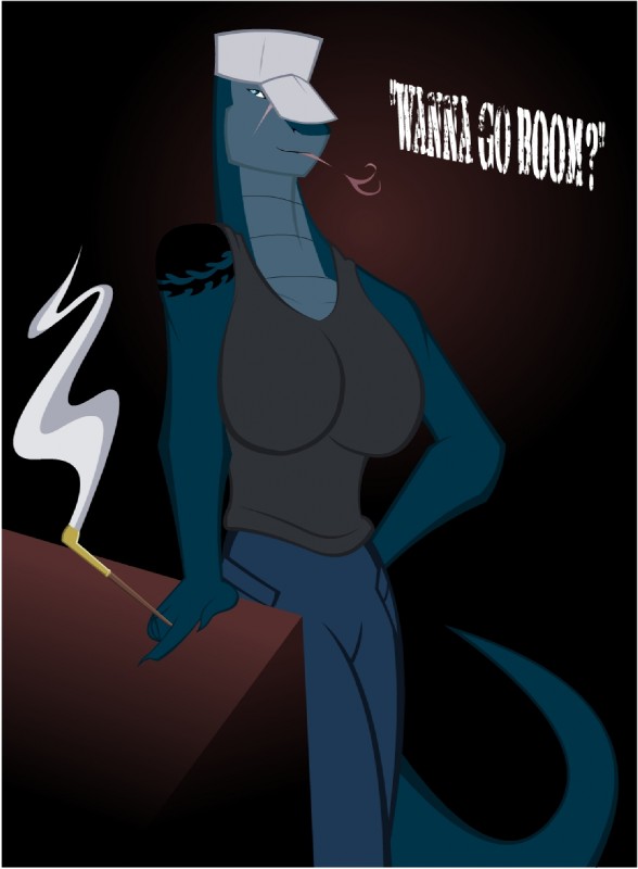 anthro big_breasts breasts clothing female hat headgear headwear non-mammal_breasts pipe scar smoke smoking smoking_pipe solo tail tattoo text unknown_artist mythology bomba_(krillos) dragon mythological_creature mythological_scalie scalie english_text hi_res