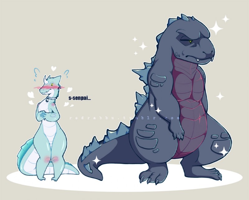 anthro bell big_hands black_sclera blue_body blue_skin blush collar duo feet female heart_symbol horn male simple_background size_difference small_feet sparkles tail thick_tail thick_thighs yellow_eyes redrabbu godzilla_(series) toho godzilla pipsqueak_(redrabbu) kaiju scalie