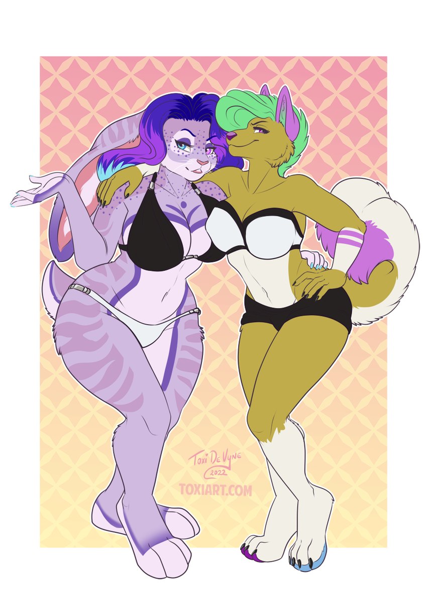 anthro bikini clothing duo female female/female heterochromia swimwear two-piece_swimsuit toxi_de_vyne_(artist) madison_barks canid canine canis domestic_dog husky lagomorph leporid mammal nordic_sled_dog rabbit spitz 2022 hi_res