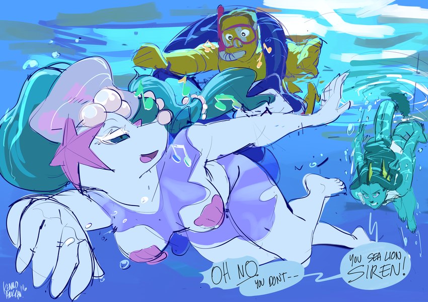 angry anthro bra breasts clothed clothing dialogue female frill_(anatomy) group hair insult jealous male nude racing seashell_bra skimpy snorkel trio underwater underwear water kenno_arkkan nintendo pokemon eeveelution generation_1_pokemon generation_7_pokemon human mammal pokemon_(species) primarina vaporeon 2016