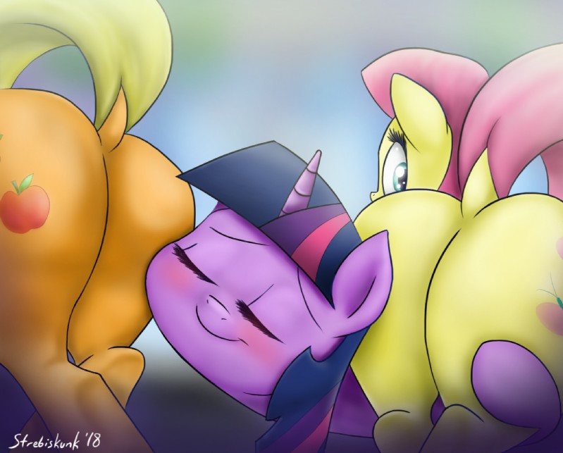 big_butt blush butt female female/female feral group horn looking_back raised_tail rear_view tail strebiskunk friendship_is_magic hasbro my_little_pony mythology applejack_(mlp) fluttershy_(mlp) twilight_sparkle_(mlp) equid equine horse mammal mythological_creature mythological_equine pony unicorn 2018