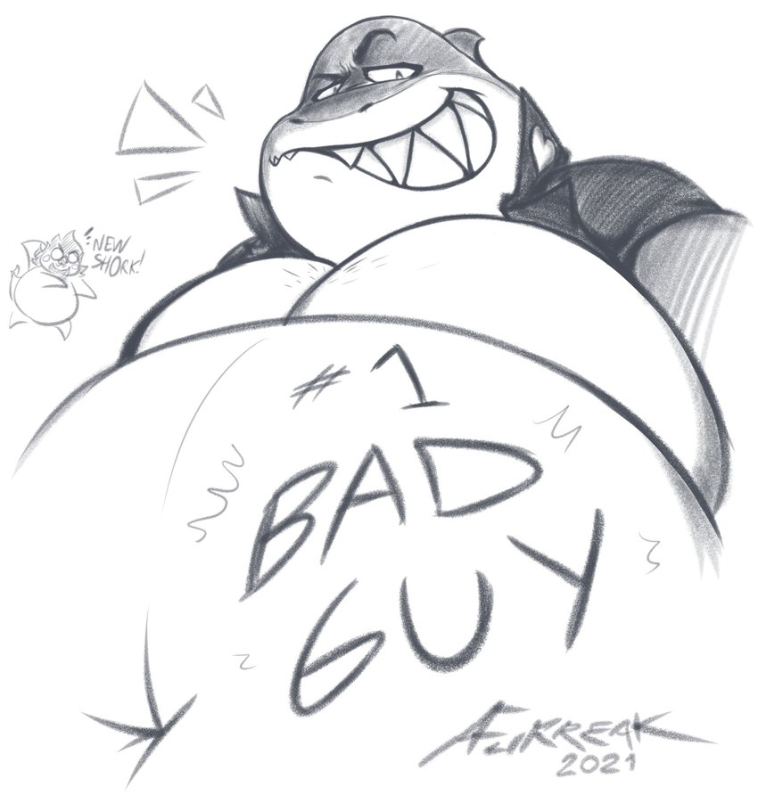 anthro belly biped clothed clothing countershading heart_clothing heart_symbol male moobs navel overweight overweight_anthro overweight_male solo text afurreak dreamworks the_bad_guys lord_aen mr._shark_(the_bad_guys) fish marine shark 2021 absurd_res hi_res