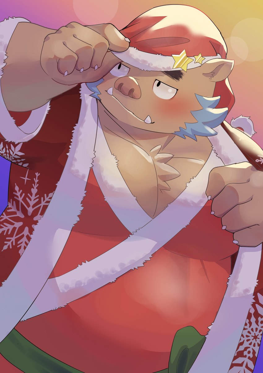 anthro belly big_belly blush brown_body christmas_clothing christmas_headwear clothing costume hat headgear headwear holidays humanoid_hands kemono male overweight overweight_male santa_costume santa_hat solo amidasuke christmas lifewonders tokyo_afterschool_summoners ganglie_(tas) mammal suid suine sus_(pig) wild_boar 2023 absurd_res hi_res