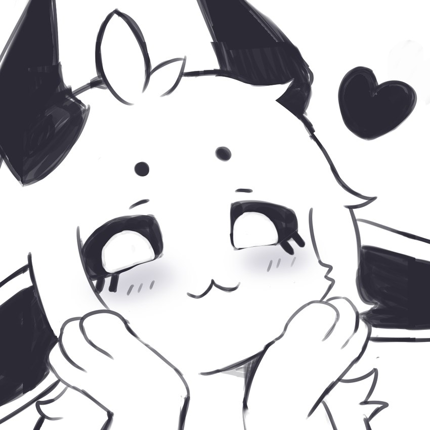 3_fingers black_horn black_sclera blush circle_eyebrows eyebrows feral fingers fur glowing glowing_eyes hand_on_face heart_symbol horn long_ears male owo simple_background smile solo white_body white_eyes white_fur shuiyee shuiye_(shuiyee) ambiguous_species hybrid