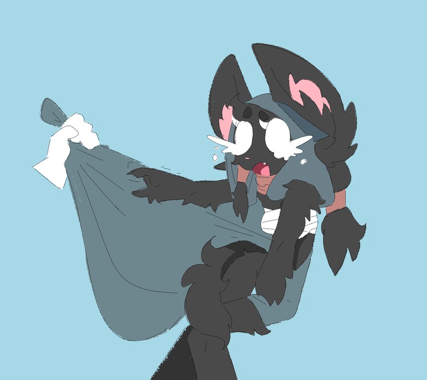 anthro bandage bandaged_chest black_body black_fur cloak clothing clothing_grab cute_fangs cyan_background disembodied_hand duo ear_tuft fangs female fur grey_cloak grey_clothing red_bandana simple_background solo_focus teeth tuft hydrabb 2023 digital_media_(artwork) hi_res