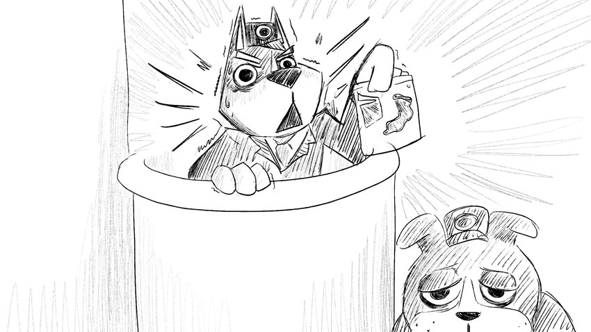 anthro clothed clothing condom_wrapper courtroom discarded_condom duo half-closed_eyes male narrowed_eyes necktie plastic_bag podium police police_hat suit yelling dragonweirdo animal_crossing nintendo booker_(animal_crossing) copper_(animal_crossing) bulldog canid canine canis domestic_dog mammal mastiff molosser 16:9 dialogue_in_description greyscale hi_res monochrome story story_in_description widescreen