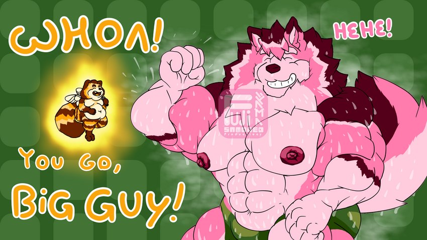 abs anthro barazoku belly biceps big_muscles bodily_fluids clothing duo flexing flexing_bicep fluffy fluffy_tail fur hair hovering huge_muscles hyper hyper_muscles jockstrap larger_male male micro muscular muscular_anthro muscular_male musk nipples overweight overweight_anthro overweight_male pecs pink_nose pose simple_background size_difference smaller_male smile sweat sweatdrop tail text underwear wings fujiyama_samoyed rhythm_heaven bumble_beans_(fujiyamasamoyed) yanbara_(fujiyamasamoyed) alaskan_malamute arthropod bee canid canine canis domestic_dog hybrid hymenopteran insect mammal nordic_sled_dog raccoon_dog spitz tanuki himbo 16:9 digital_media_(artwork) english_text hi_res widescreen