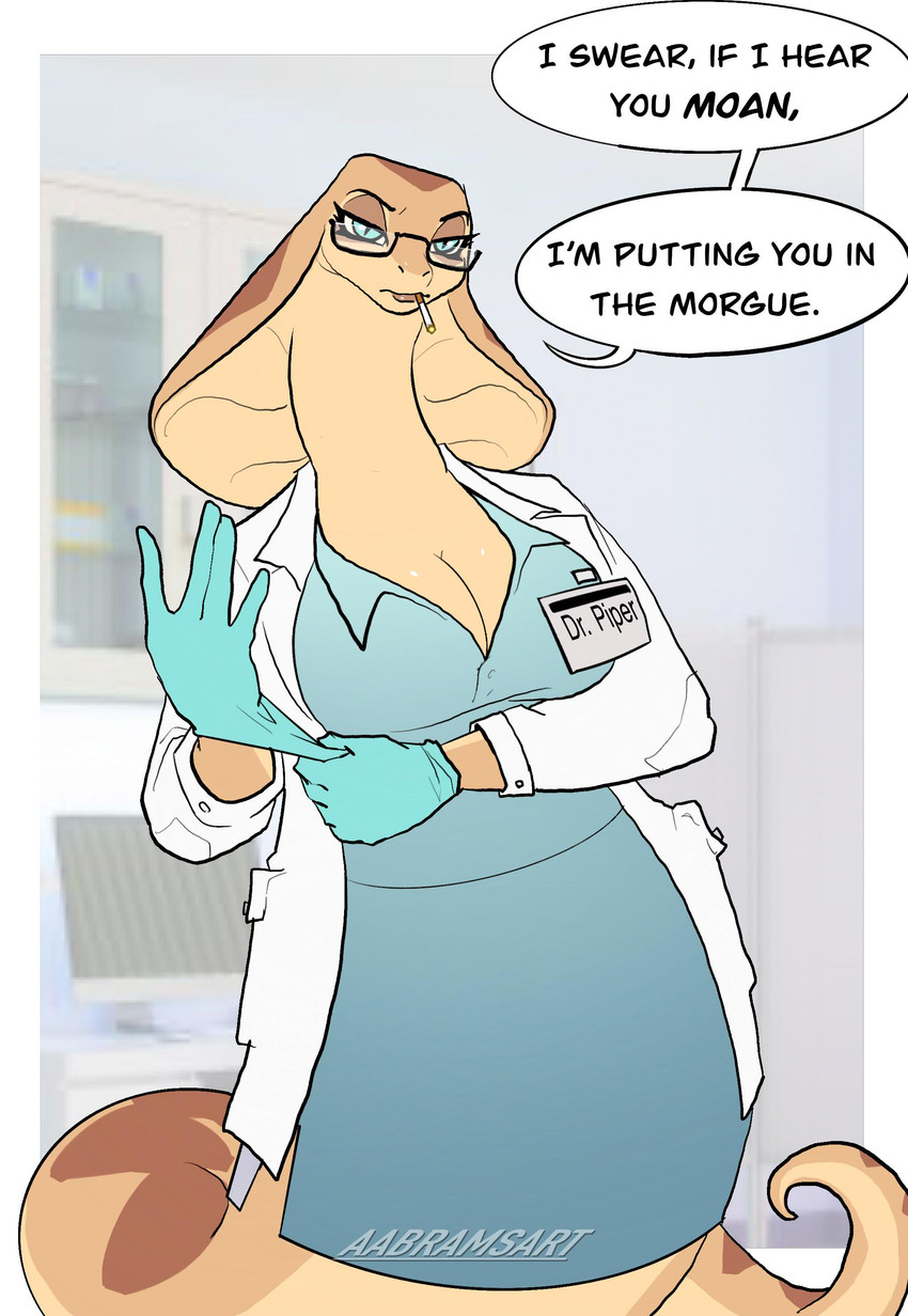 anthro apode big_breasts blue_clothing blue_eyes blue_gloves blue_handwear blue_topwear breasts brown_body brown_scales cigarette cleavage clothed clothing coat curled_tail dialogue doctor eyelashes eyewear female fingers glasses glove_snap gloves handwear id_card lab_coat legless long_eyelashes looking_at_viewer medical_gloves multicolored_body multicolored_scales photo_background scales serpentine smoking smoking_cigarette solo speech_bubble split_form tail text topwear white_clothing white_topwear aabramsart draconcopode lamia naga pit_viper reptile scalie snake viper 2025 absurd_res digital_drawing_(artwork) digital_media_(artwork) english_text hi_res photography_(artwork) watermark