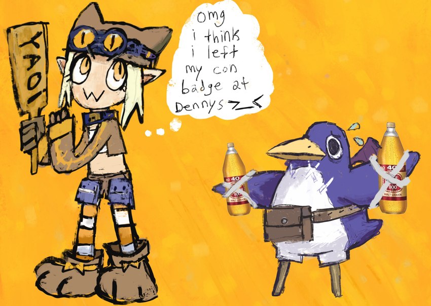 anthro clothed clothing orange_background paddle simple_background text thought_bubble yaoi_paddle cate_wurtz disgaea nippon_ichi_software thief_(disgaea) avian bird elf humanoid penguin prinny english_text hi_res