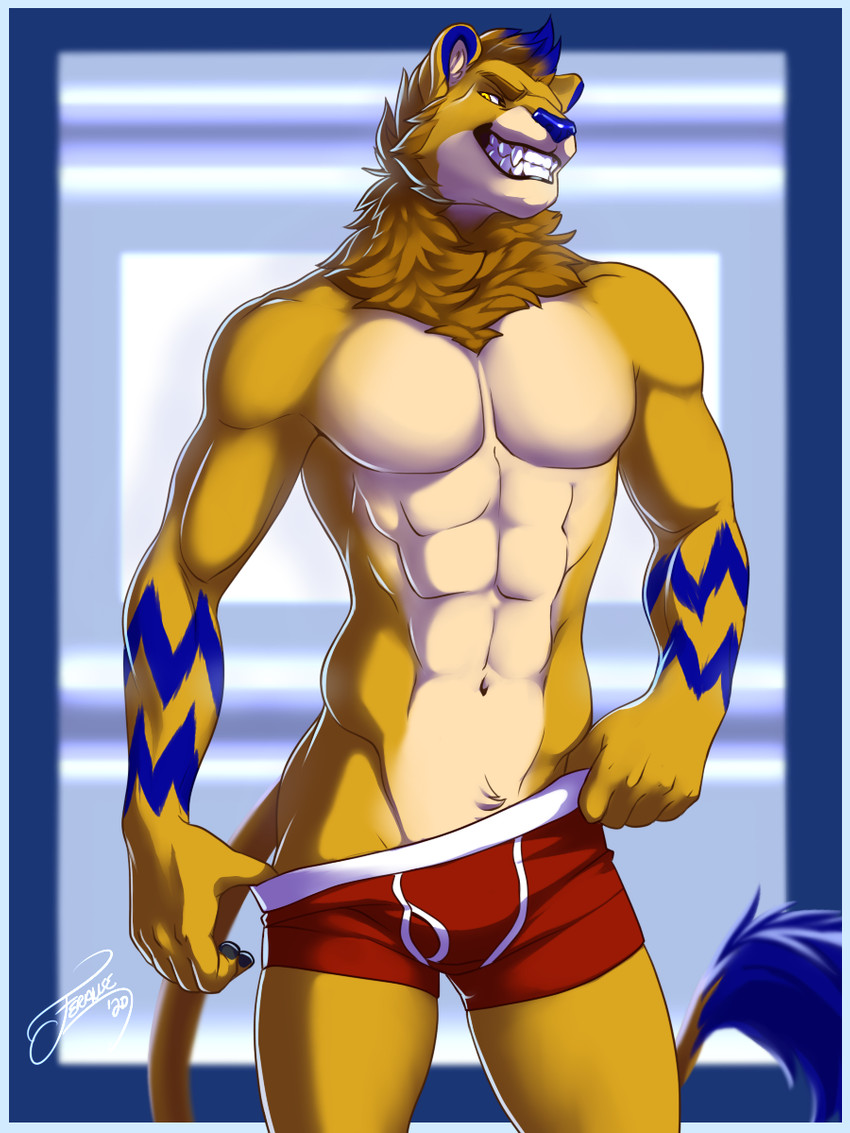 abs anthro athletic biceps bulge clothed clothing male mane muscular muscular_anthro muscular_male pecs skimpy slim smile solo topless topless_male undressing feralise dexterlion felid lion mammal pantherine 3:4 hi_res