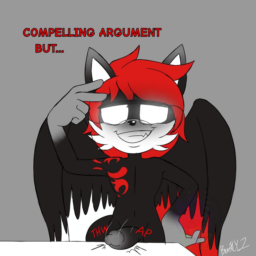 anthro feathered_wings feathers fur genitals hair male nude pose red_hair simple_background smile smirk solo text thwap white_eyes wings beastly_z5 fair_argument_(meme) xion_archaeus canid canine canis mammal wolf 1:1 digital_media_(artwork) english_text hi_res meme