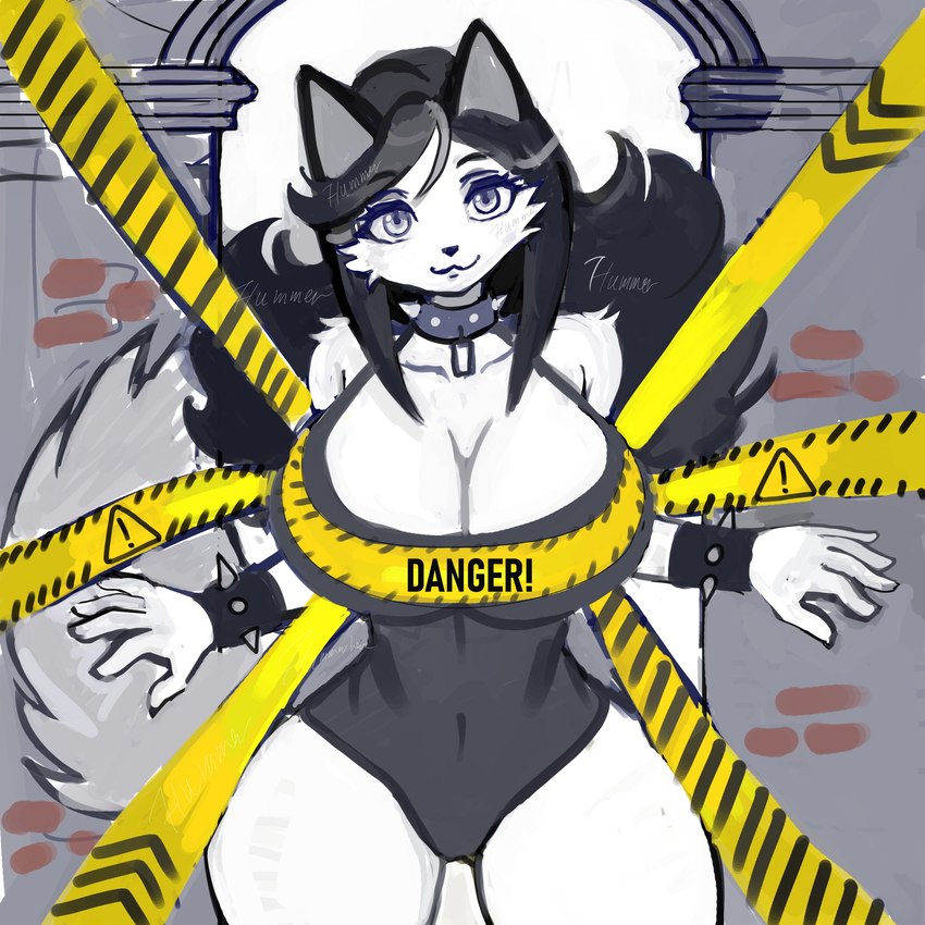 5_fingers anthro barricade_tape big_breasts black_hair bracelet breasts caution_tape cleavage clothed clothing collar eyebrow_through_hair eyebrows female female_anthro fingers fluffy fluffy_tail hair huge_breasts jewelry long_hair looking_at_viewer one-piece_swimsuit smile solo spiked_bracelet spiked_collar spikes standing swimwear tail text thick_thighs thigh_gap translucent translucent_hair tuft wide_hips hummerhere canid canine fox mammal 1:1 artist_name digital_media_(artwork) digital_painting_(artwork) english_text hi_res painting_(artwork) signature