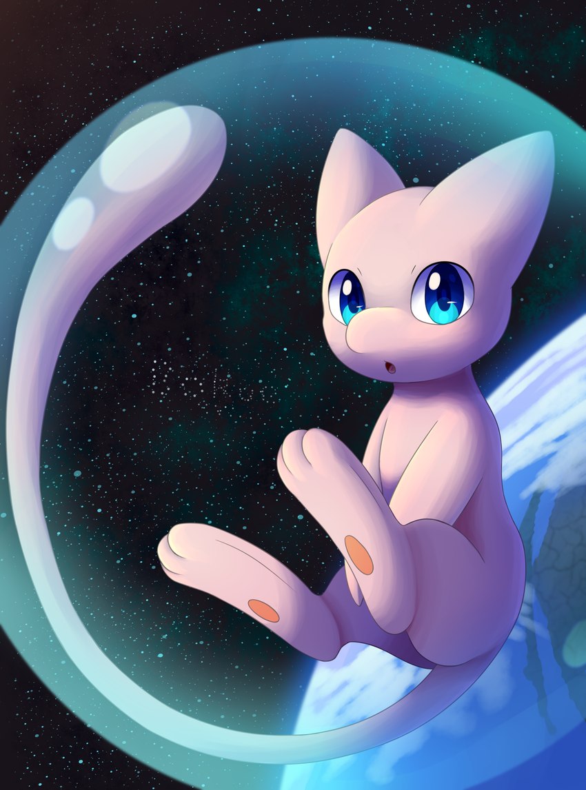 ambiguous_gender anthro blue_eyes bubble detailed_background glistening glistening_eyes in_bubble long_tail looking_at_viewer nude open_mouth pink_body planet solo space star tail bokurei nintendo pokemon generation_1_pokemon legendary_pokemon mew_(pokemon) pokemon_(species) 2020 full-length_portrait hi_res portrait redraw