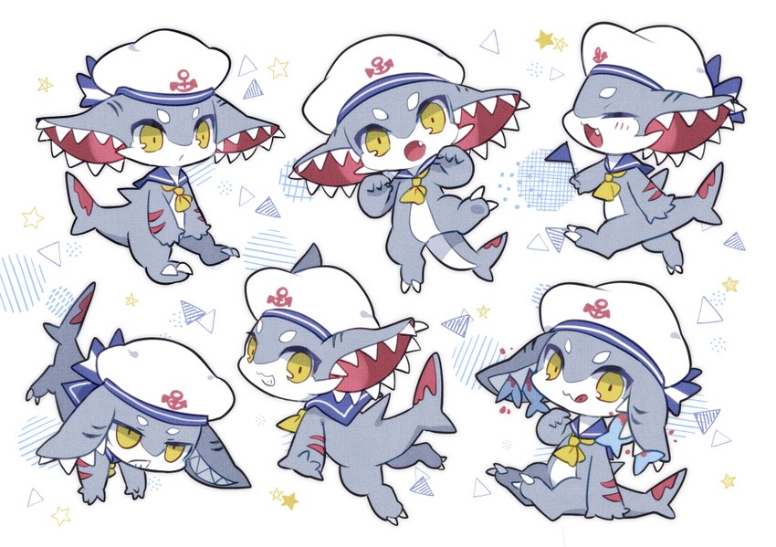 :3 ambiguous_gender anchor_print anchor_symbol anthro biped chibi clothing cute_fangs ear_mouth eyebrows fangs flag flag_(object) hat headgear headwear holding_flag holding_object licking licking_lips multiple_poses open_mouth pennant pose print_clothing print_hat print_headgear print_headwear sailor_hat shark_tail simple_background smile solo teeth tongue tongue_out unusual_anatomy yellow_eyes young young_anthro kuo0 fish marine shark