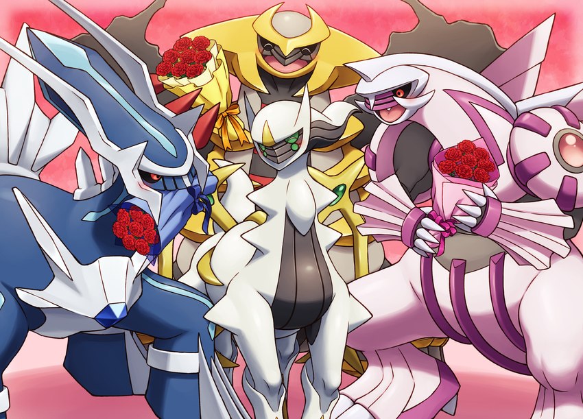 ambiguous_gender blue_body blush claws feral flower flower_in_mouth group holding_object horn pink_body plant red_eyes rose_(flower) rose_in_mouth smile white_body on_ice_(artist) nintendo pokemon altered_forme_giratina arceus dialga generation_4_pokemon giratina legendary_pokemon palkia pokemon_(species) absurd_res hi_res