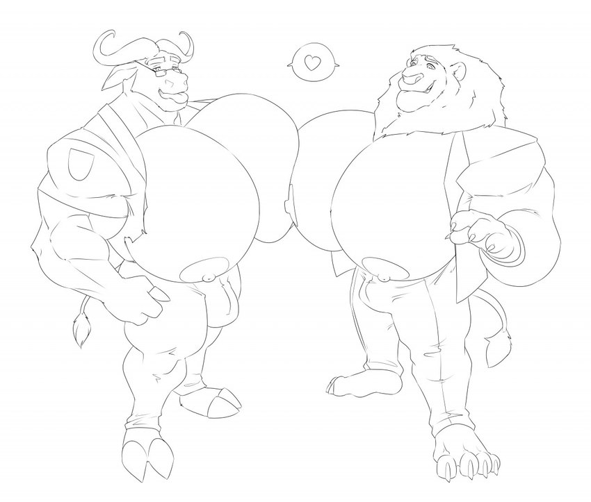 2_horns 2_toes 3_fingers 4_fingers 4_toes anthro big_pecs bulge claws clothing curled_horn duo eyebrows feet fingers heart_symbol hooves horn huge_pecs hyper male mane muscular muscular_anthro muscular_male nipples pec_expansion pecs smile standing tail tail_tuft thick_eyebrows toe_claws toes tongue tongue_out tuft kartos disney littlewolf112 zootopia chief_bogo leodore_lionheart bovid bovine cape_buffalo felid lion mammal pantherine 2022 monochrome